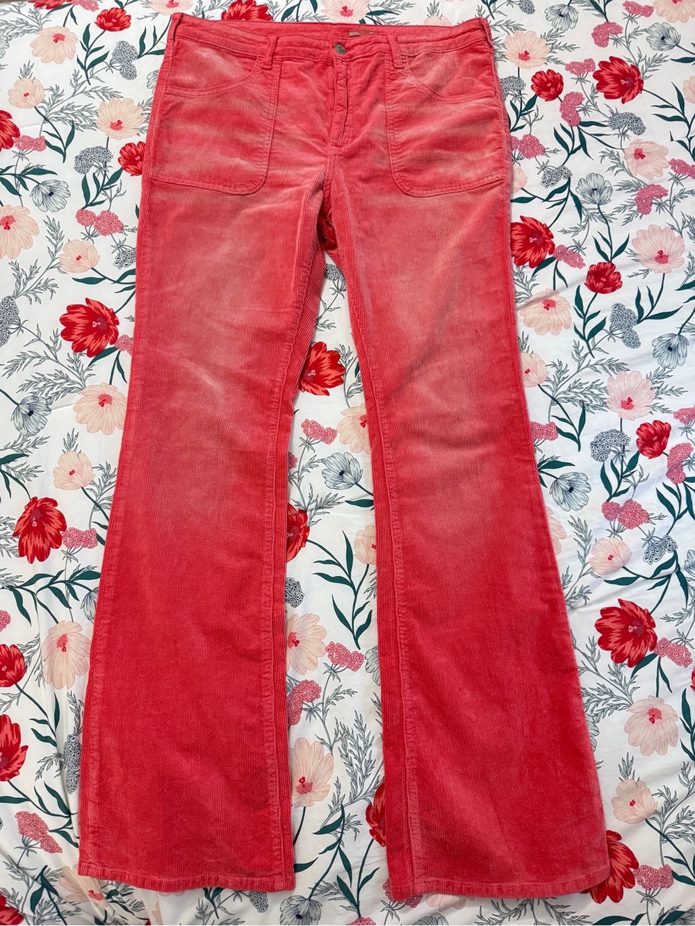 Pilcro Anthropologie The Icon Coral Pink Corduroy Mid Rise Flare Pants Size 33T